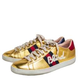 مملوكة مسبقًا Gucci Gold Leather Ace Blind For Love Blind Web Detail Low Top Sneakers Size 37.5