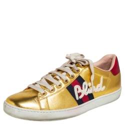 مملوكة مسبقًا Gucci Gold Leather Ace Blind For Love Blind Web Detail Low Top Sneakers Size 37.5
