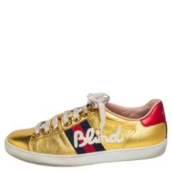 مملوكة مسبقًا Gucci Gold Leather Ace Blind For Love Blind Web Detail Low Top Sneakers Size 37.5