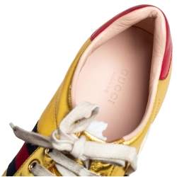 مملوكة مسبقًا Gucci Gold Leather Ace Blind For Love Blind Web Detail Low Top Sneakers Size 37.5