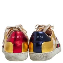 مملوكة مسبقًا Gucci Gold Leather Ace Blind For Love Blind Web Detail Low Top Sneakers Size 37.5
