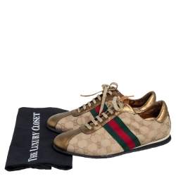 Pre Owned Gucci Gold/Beige GG Canvas And Leather Web Detail Low Top Sneakers Size 39