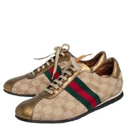 Pre Owned Gucci Gold/Beige GG Canvas And Leather Web Detail Low Top Sneakers Size 39