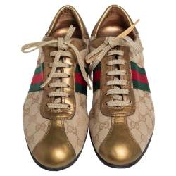 Pre Owned Gucci Gold/Beige GG Canvas And Leather Web Detail Low Top Sneakers Size 39