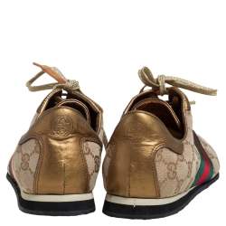 Pre Owned Gucci Gold/Beige GG Canvas And Leather Web Detail Low Top Sneakers Size 39