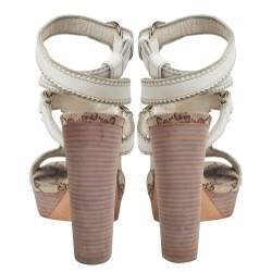 Pre Owned Gucci Cream Leather Crest Heart Ankle Strap Sandals Size 35.5 