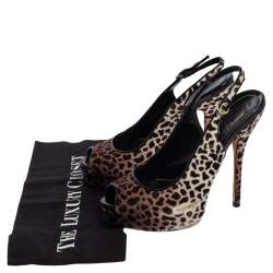 Pre Owned صندل غوتشي شعر حصان مطبوع نقشة الفهد بني/أبيض فتحة كعب مقدمة مفتوحة نعل سميك مقاس 35