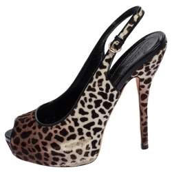 Pre Owned صندل غوتشي شعر حصان مطبوع نقشة الفهد بني/أبيض فتحة كعب مقدمة مفتوحة نعل سميك مقاس 35