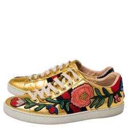 Pre Owned Gucci Gold Leather Ace  Lace Up Sneakers Size 37