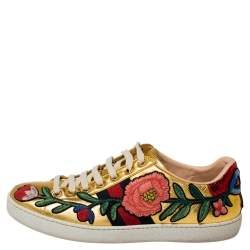 Pre Owned Gucci Gold Leather Ace  Lace Up Sneakers Size 37
