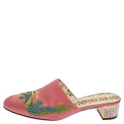 Pre Owned Gucci Pink Satin Dragon Embroidery Mule Sandals Size 38.5