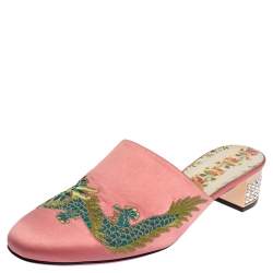 Pre Owned Gucci Pink Satin Dragon Embroidery Mule Sandals Size 38.5