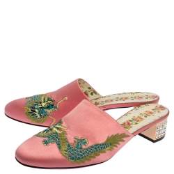 Pre Owned Gucci Pink Satin Dragon Embroidery Mule Sandals Size 38.5