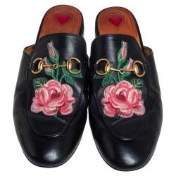 Pre Owned Gucci Black Floral Embroidered Leather Horsebit Princetown Flat Mules Size 36.5