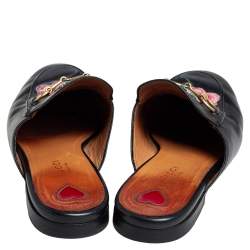 Pre Owned Gucci Black Floral Embroidered Leather Horsebit Princetown Flat Mules Size 36.5