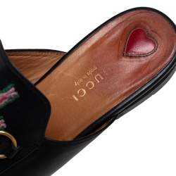 Pre Owned Gucci Black Floral Embroidered Leather Horsebit Princetown Flat Mules Size 36.5