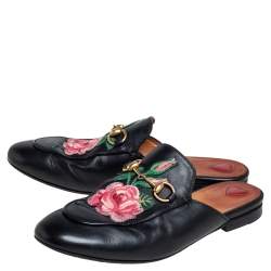 Pre Owned Gucci Black Floral Embroidered Leather Horsebit Princetown Flat Mules Size 36.5
