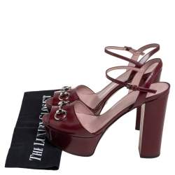 Pre Owned Gucci Burgundy Leather Horsebit Ankle Strap Platform Sandals Size 38