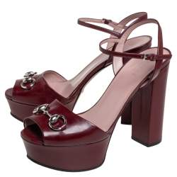 Pre Owned Gucci Burgundy Leather Horsebit Ankle Strap Platform Sandals Size 38