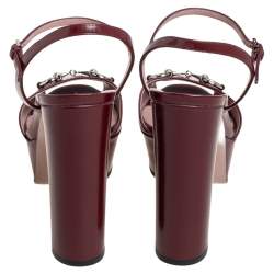 Pre Owned Gucci Burgundy Leather Horsebit Ankle Strap Platform Sandals Size 38