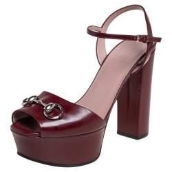 Pre Owned Gucci Burgundy Leather Horsebit Ankle Strap Platform Sandals Size 38