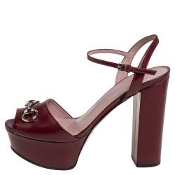 Pre Owned Gucci Burgundy Leather Horsebit Ankle Strap Platform Sandals Size 38