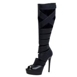 مملوكة مسبقًا حذاء بوت للركبه غوتشي جلد أسود هيلينا غلادياتور نعل سميك مقاس 37.5