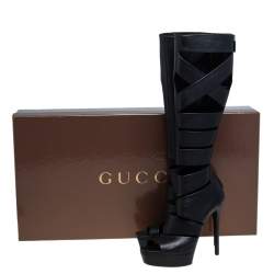 مملوكة مسبقًا حذاء بوت للركبه غوتشي جلد أسود هيلينا غلادياتور نعل سميك مقاس 37.5