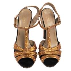Pre Owned Gucci Gold/Black Leather Jacqueline Studded Sandals Size 39