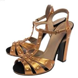 Pre Owned Gucci Gold/Black Leather Jacqueline Studded Sandals Size 39