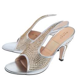 Gucci Silver Leather Fedra Embellished Mules Size 38