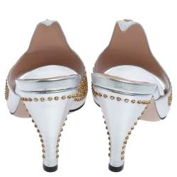 Gucci Silver Leather Fedra Embellished Mules Size 38