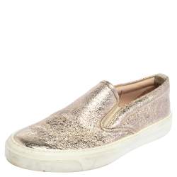 Pre Owned Gucci Metallic Gold Foil Leather Slip On Sneakers Size 35