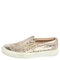 Pre Owned Gucci Metallic Gold Foil Leather Slip On Sneakers Size 35