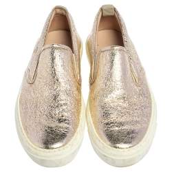 Pre Owned Gucci Metallic Gold Foil Leather Slip On Sneakers Size 35
