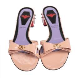 Pre Owned Gucci Multicolor Patent Leather GG Bow Sadie Spike Slide Sandals Size 40