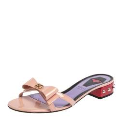 Pre Owned Gucci Multicolor Patent Leather GG Bow Sadie Spike Slide Sandals Size 40