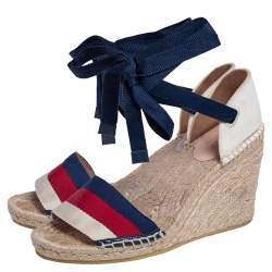 Pre Owned Gucci Multicolor Canvas Web Espadrille Wedge Ankle Wrap Sandals Size 37