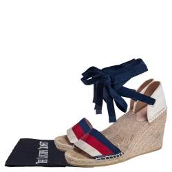 Pre Owned Gucci Multicolor Canvas Web Espadrille Wedge Ankle Wrap Sandals Size 37