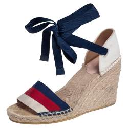 Pre Owned Gucci Multicolor Canvas Web Espadrille Wedge Ankle Wrap Sandals Size 37