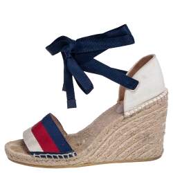 Pre Owned Gucci Multicolor Canvas Web Espadrille Wedge Ankle Wrap Sandals Size 37