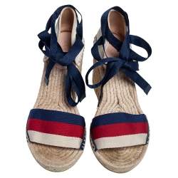 Pre Owned Gucci Multicolor Canvas Web Espadrille Wedge Ankle Wrap Sandals Size 37