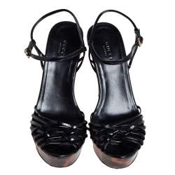 Pre Owned صندل غوتشي جلد أسود لامع بنعل سميك حزام كاحل مقاس 38