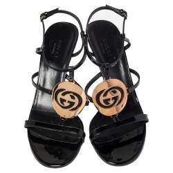 Pre Owned Gucci Black Patent Leather Interlocking G Strappy Sandals Size 38.5