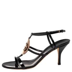 Pre Owned Gucci Black Patent Leather Interlocking G Strappy Sandals Size 38.5