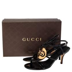 Pre Owned Gucci Black Patent Leather Interlocking G Strappy Sandals Size 38.5
