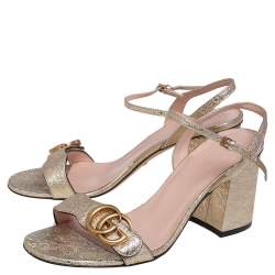 Pre Owned Gucci Metallic Gold Crinkled Leather GG Marmont Ankle Strap Sandals Size 38