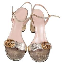 Pre Owned Gucci Metallic Gold Crinkled Leather GG Marmont Ankle Strap Sandals Size 38