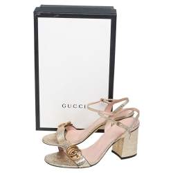 Pre Owned Gucci Metallic Gold Crinkled Leather GG Marmont Ankle Strap Sandals Size 38