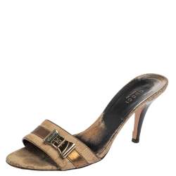 Pre Owned Gucci Beige Canvas and Leather Open Toe Bow Mules Size 37